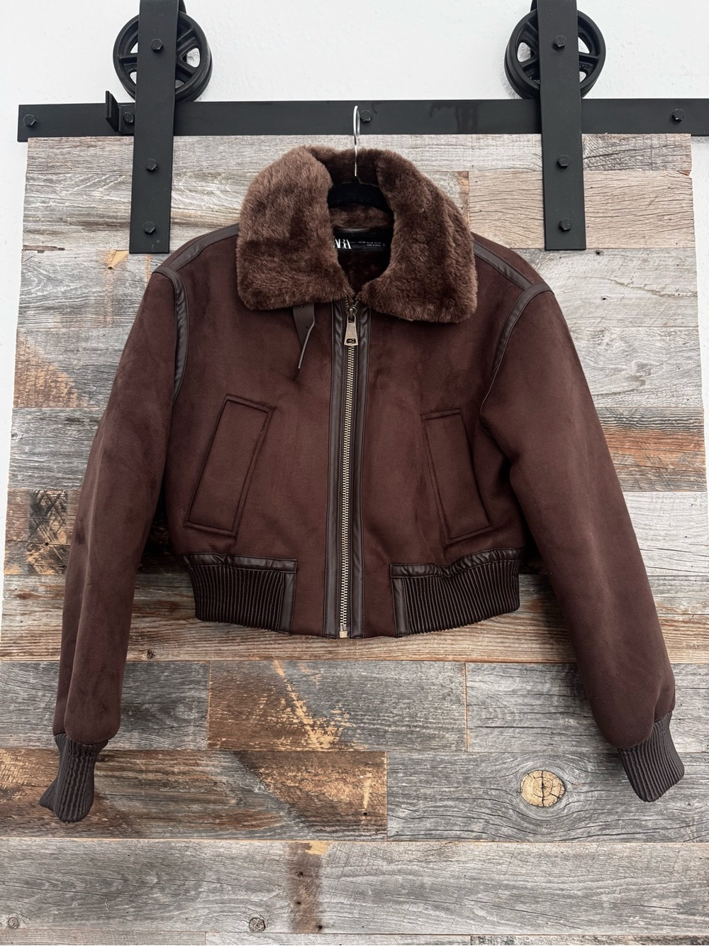 Zara Double-Faced Faux Suede Shearling Aviator Bomber Jacket Brown